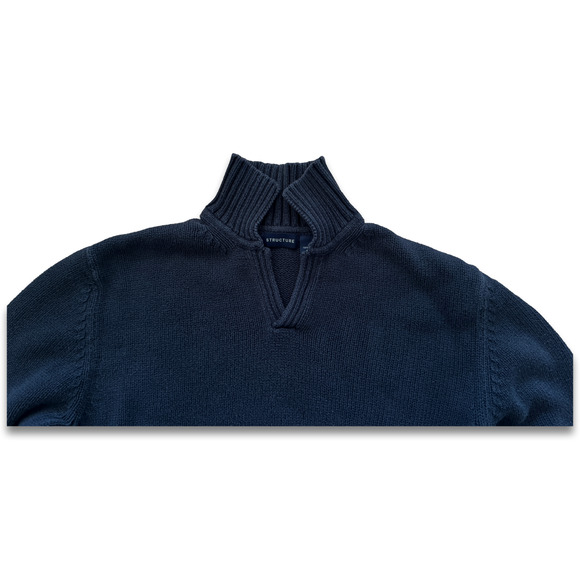 Structure Brand Small Navy Cotton Sweater Slit V Neck Pullover - Picture 2 of 9